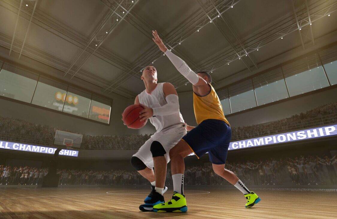 Two men are playing basketball