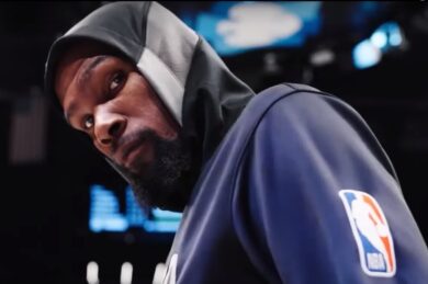 Kevin Durant wearing an NBA-labeled hoodie