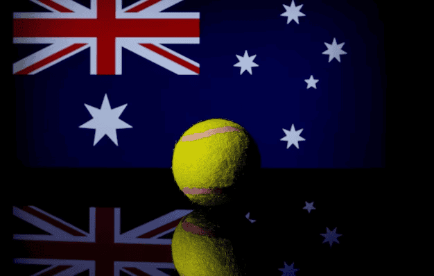 Closeup of a tennis ball with the Australian flag