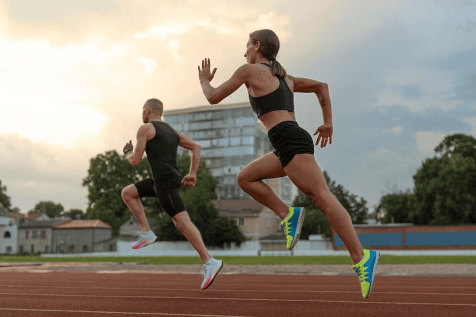 man and woman running on track, buildings and trees behind them