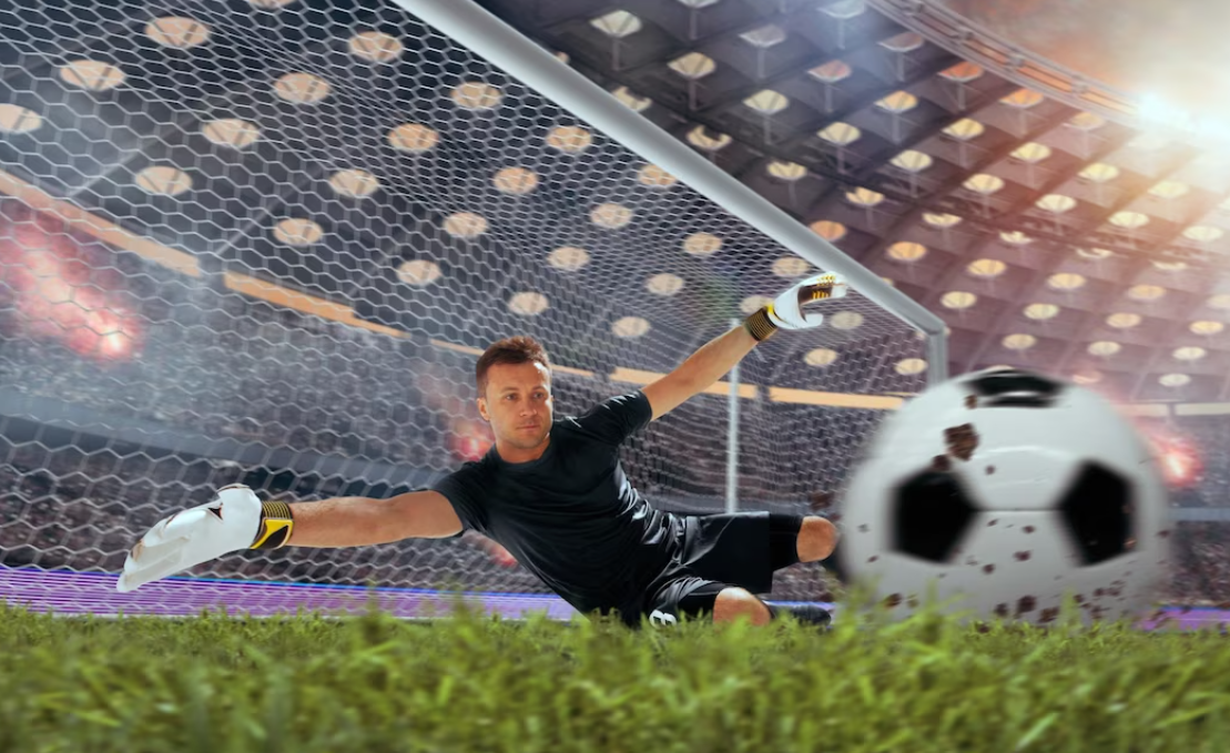 goalkeeper near the football net catching the ball and falling on the grass